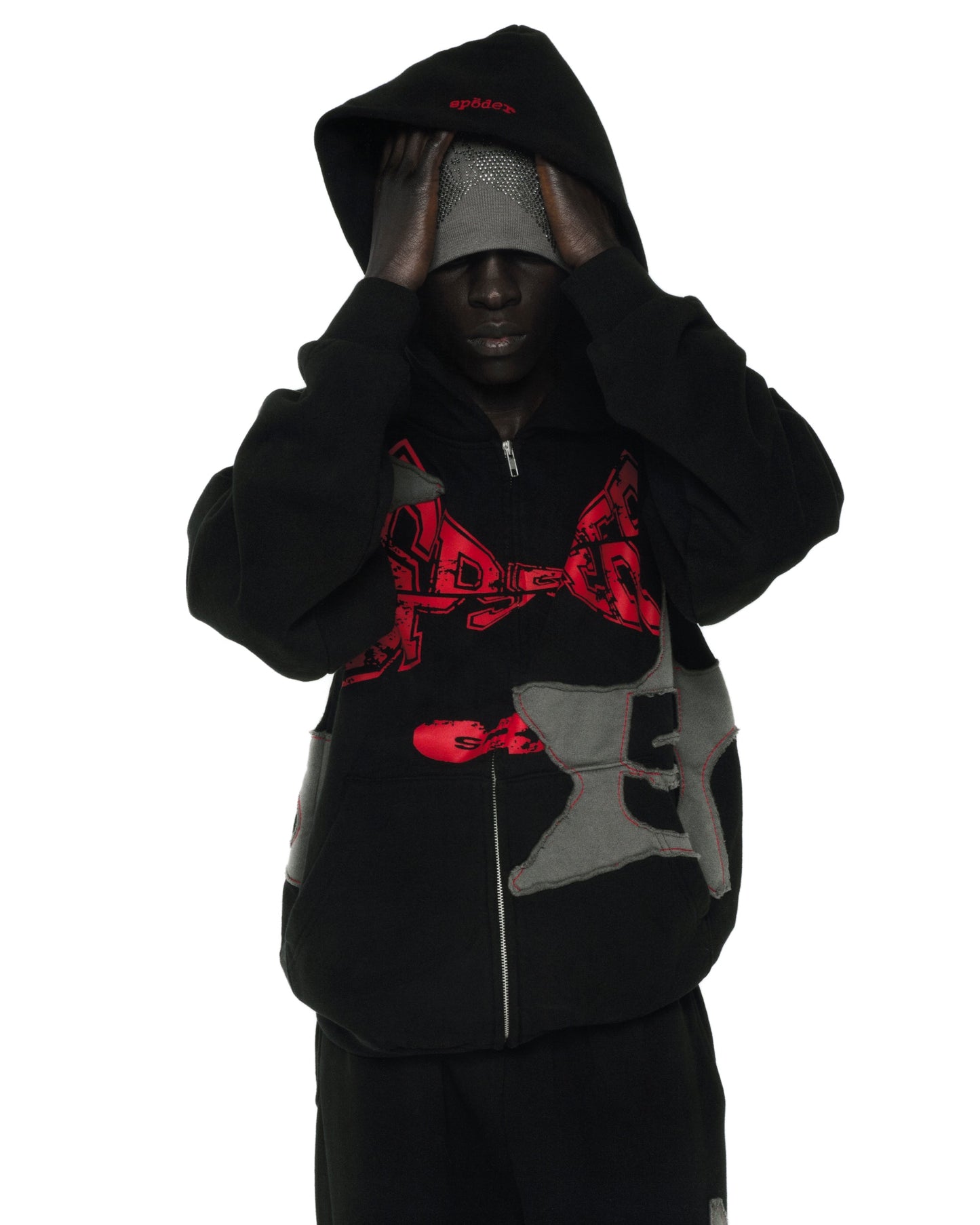 BLACK BIG STAR FULL ZIP HOODIE ON MODEL