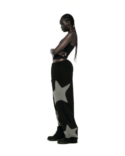 BLACK BIG STAR WIDE LEG SWEATPANT ON MODEL