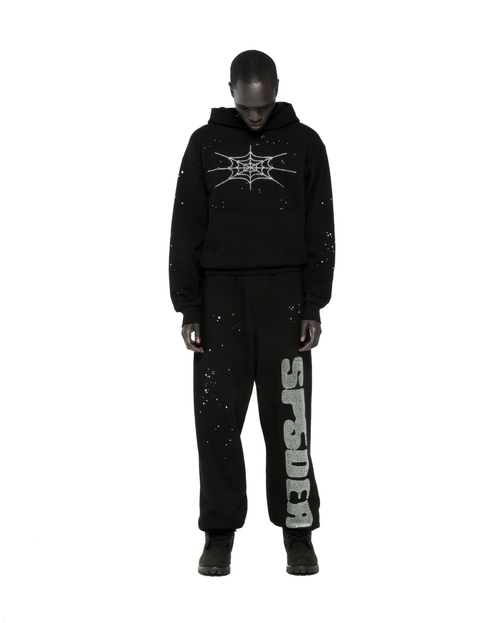 BLACK RHINESTONE SILK HOODIE ON MODEL