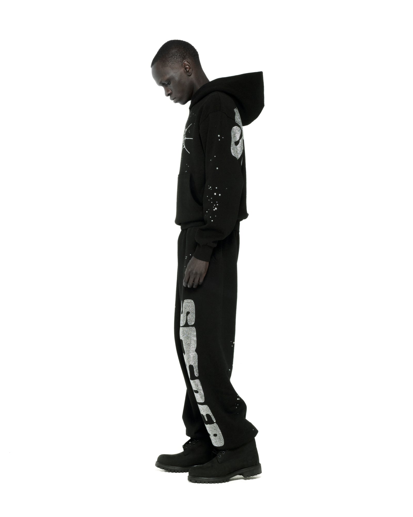 BLACK RHINESTONE SILK HOODIE ON MODEL