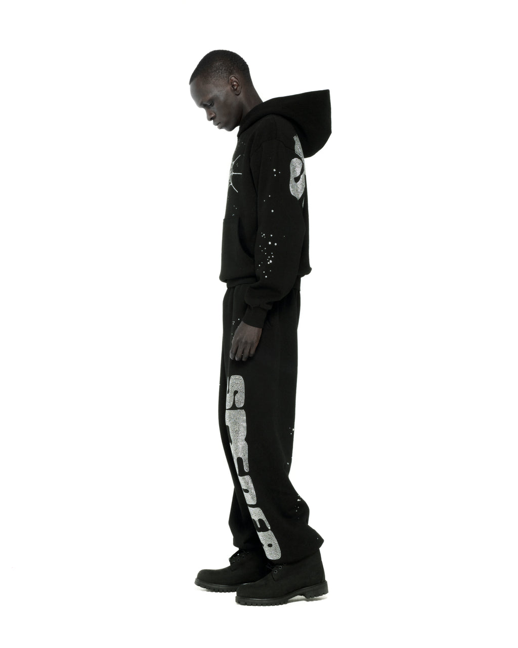 BLACK RHINESTONE SILK HOODIE ON MODEL