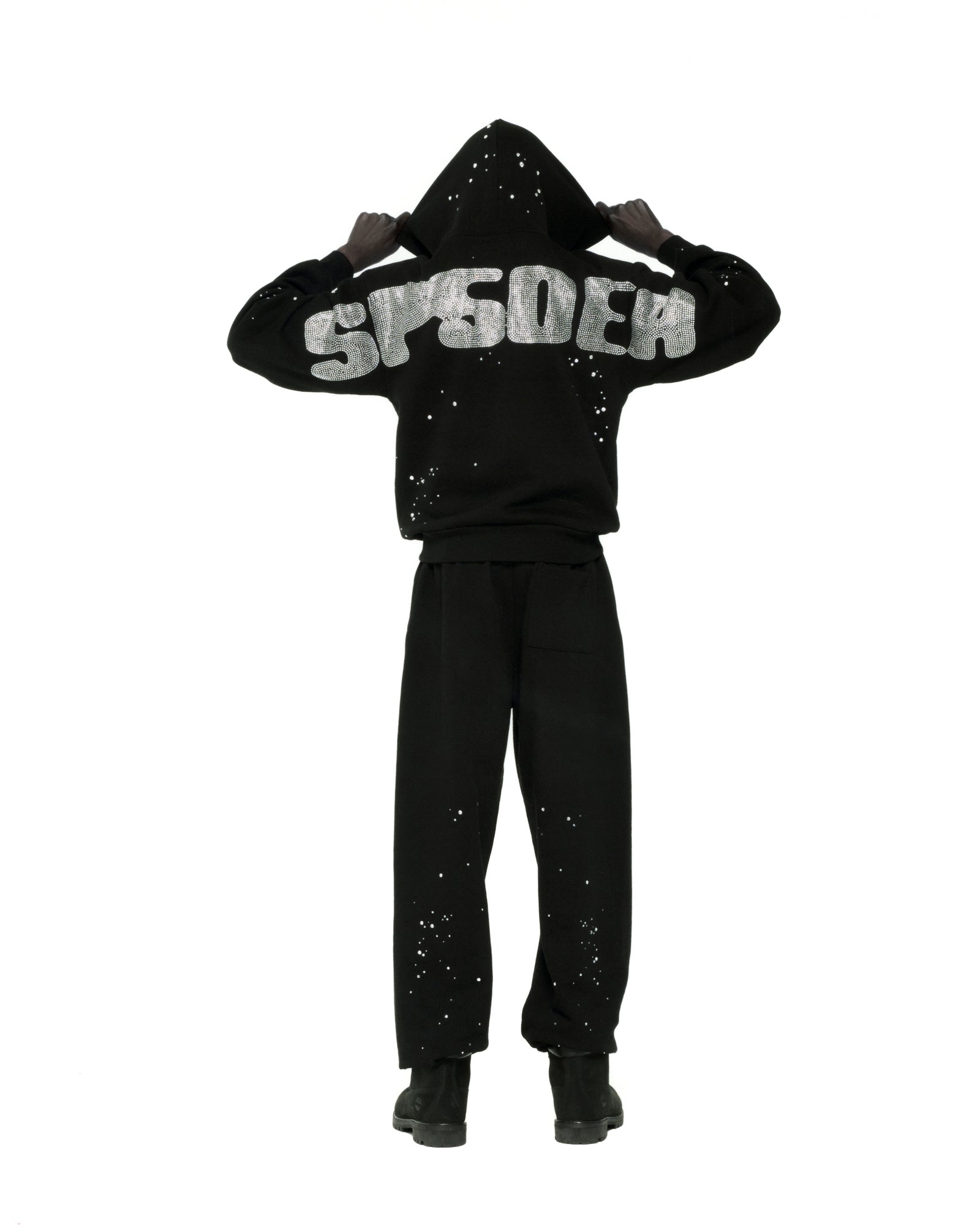 BLACK RHINESTONE SILK HOODIE ON MODEL