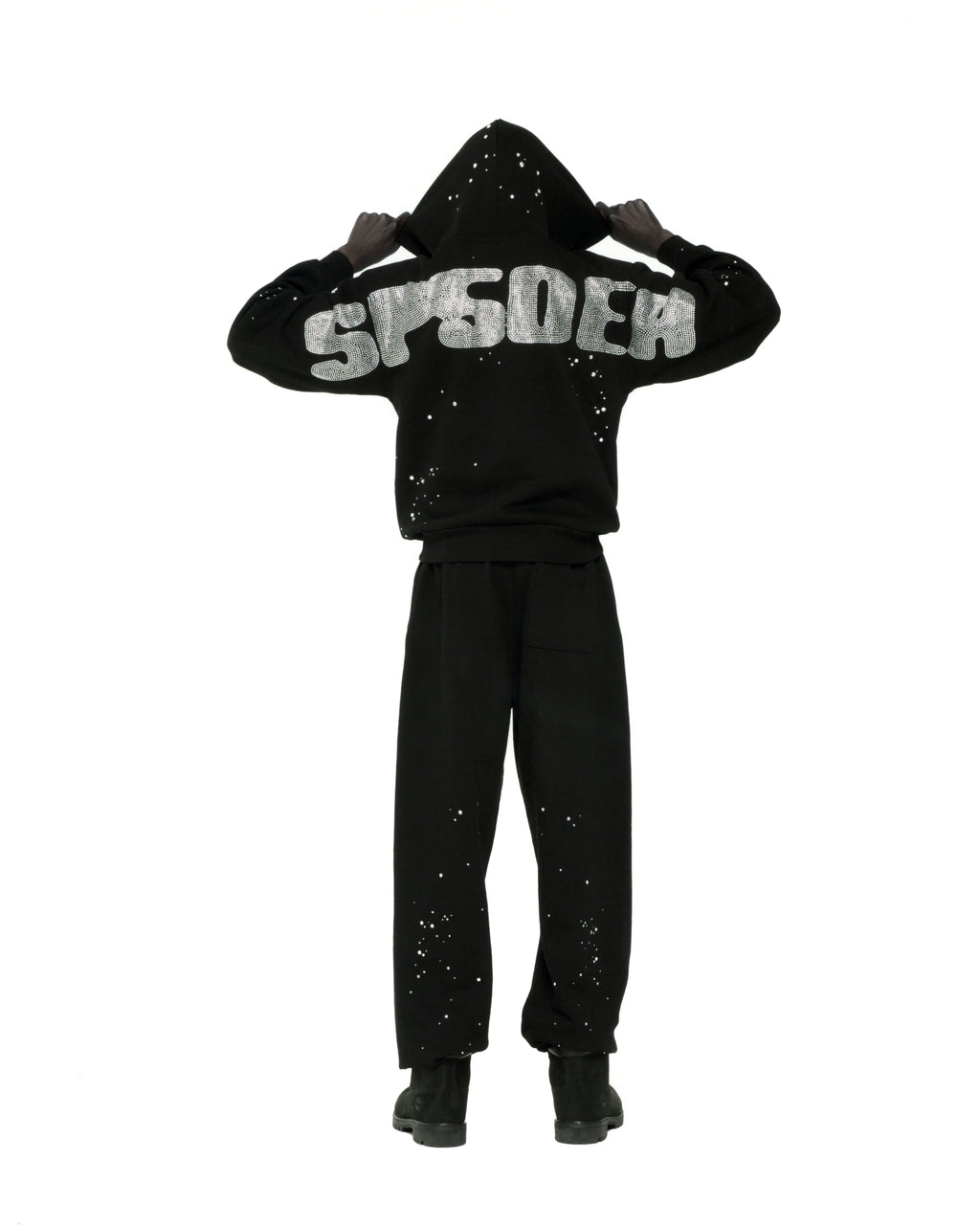 BLACK RHINESTONE SILK HOODIE ON MODEL