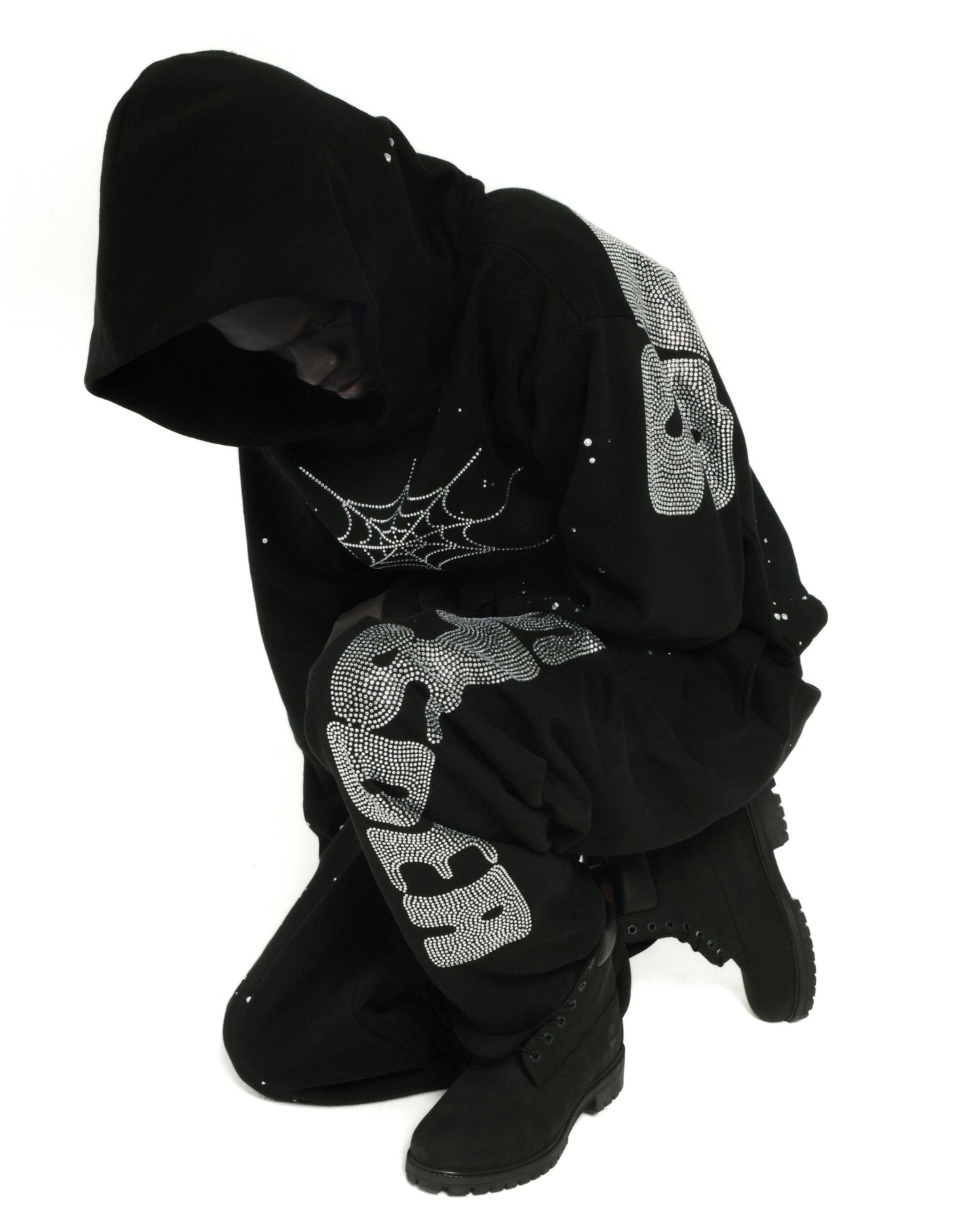 BLACK RHINESTONE SILK HOODIE ON MODEL