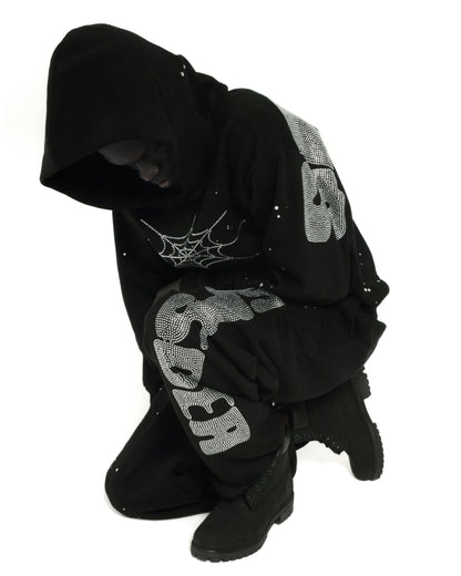 BLACK RHINESTONE SILK HOODIE ON MODEL