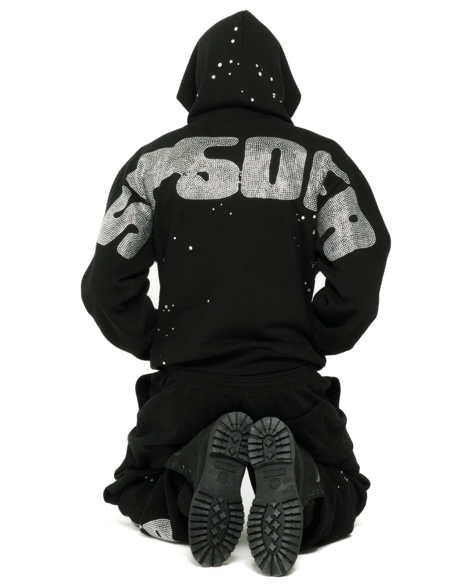 BLACK RHINESTONE SILK HOODIE ON MODEL