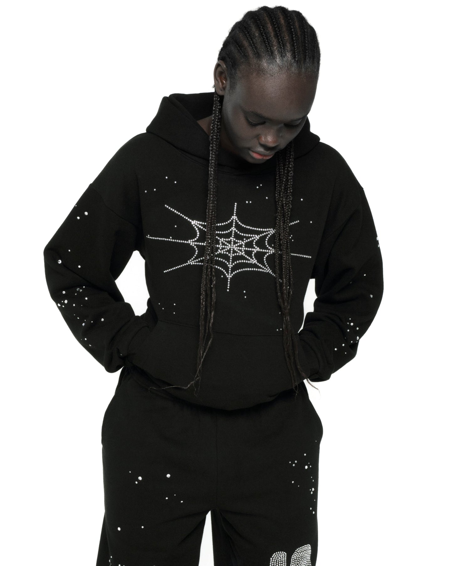 BLACK RHINESTONE SILK HOODIE ON MODEL