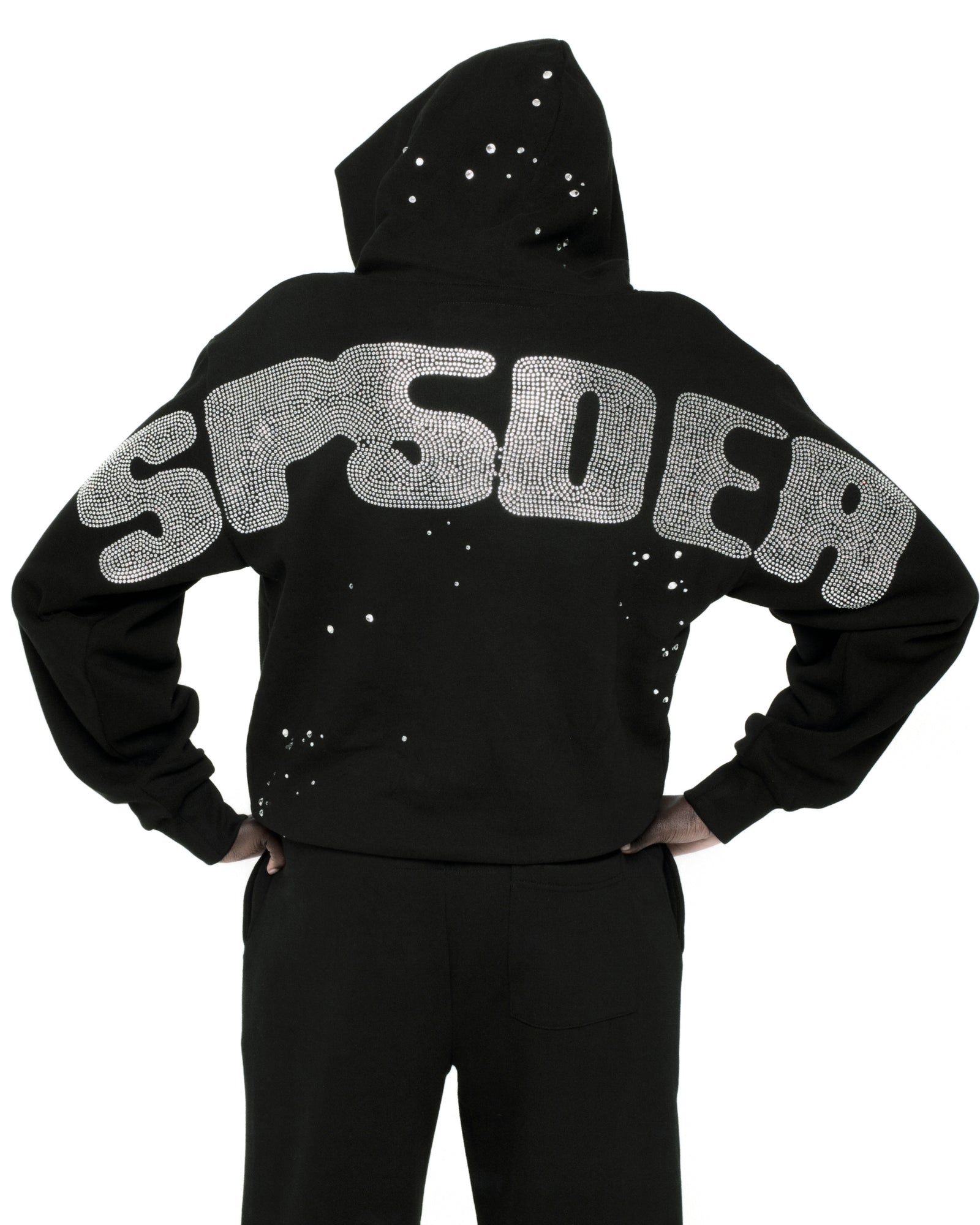 BLACK RHINESTONE SILK HOODIE ON MODEL