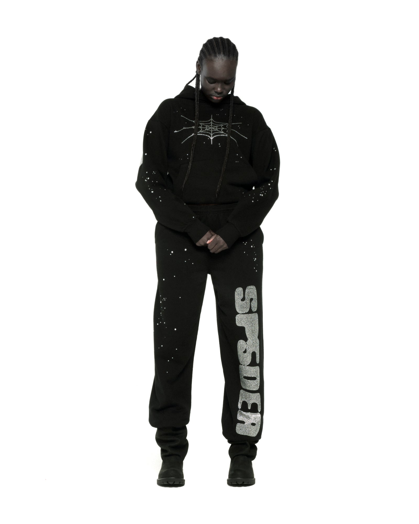BLACK RHINESTONE SILK HOODIE ON MODEL