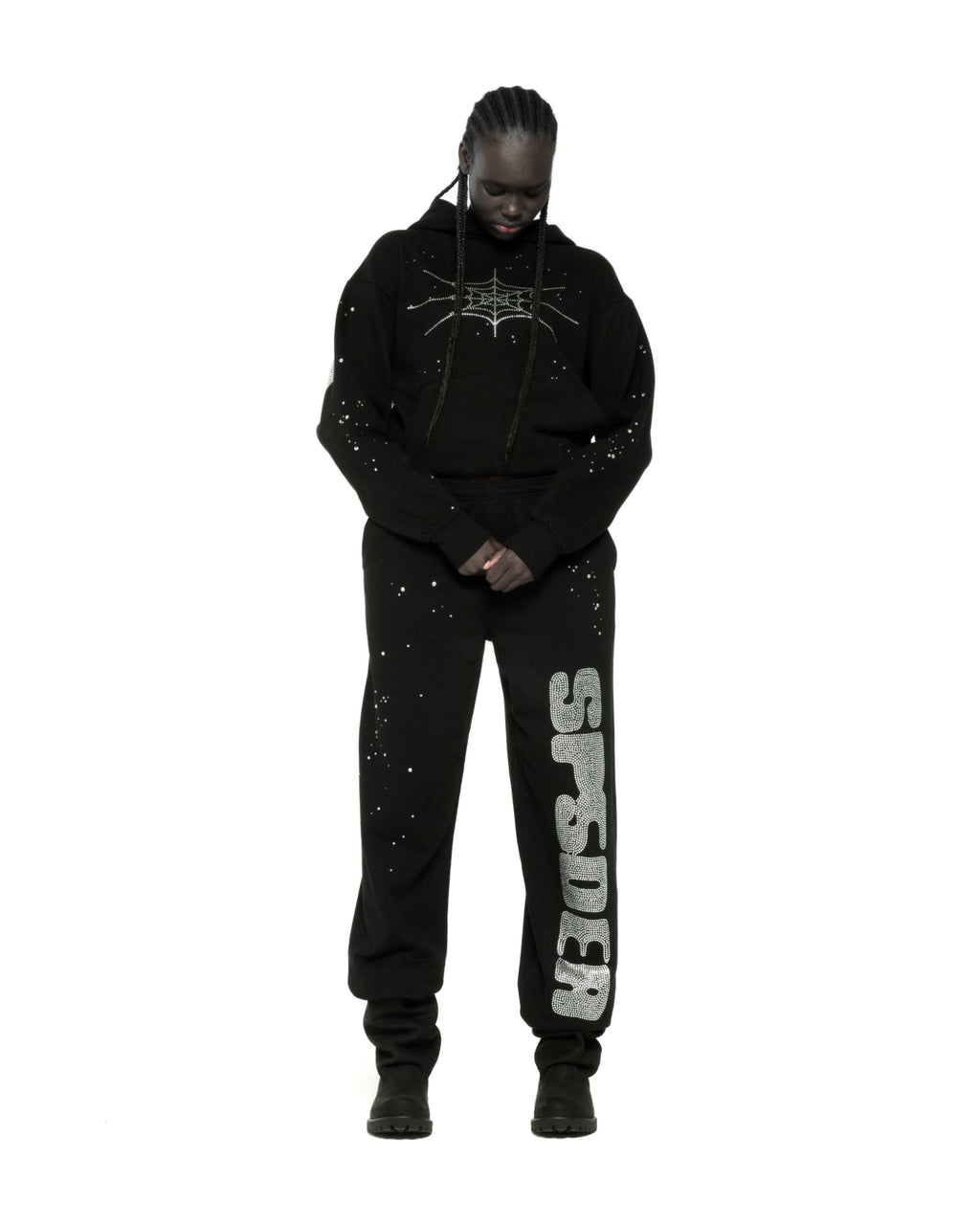 BLACK RHINESTONE SILK HOODIE ON MODEL