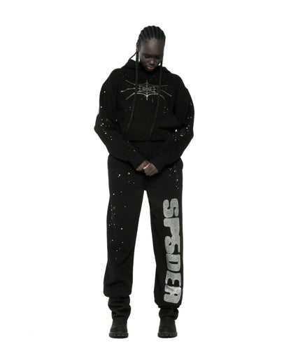 BLACK RHINESTONE SILK HOODIE ON MODEL