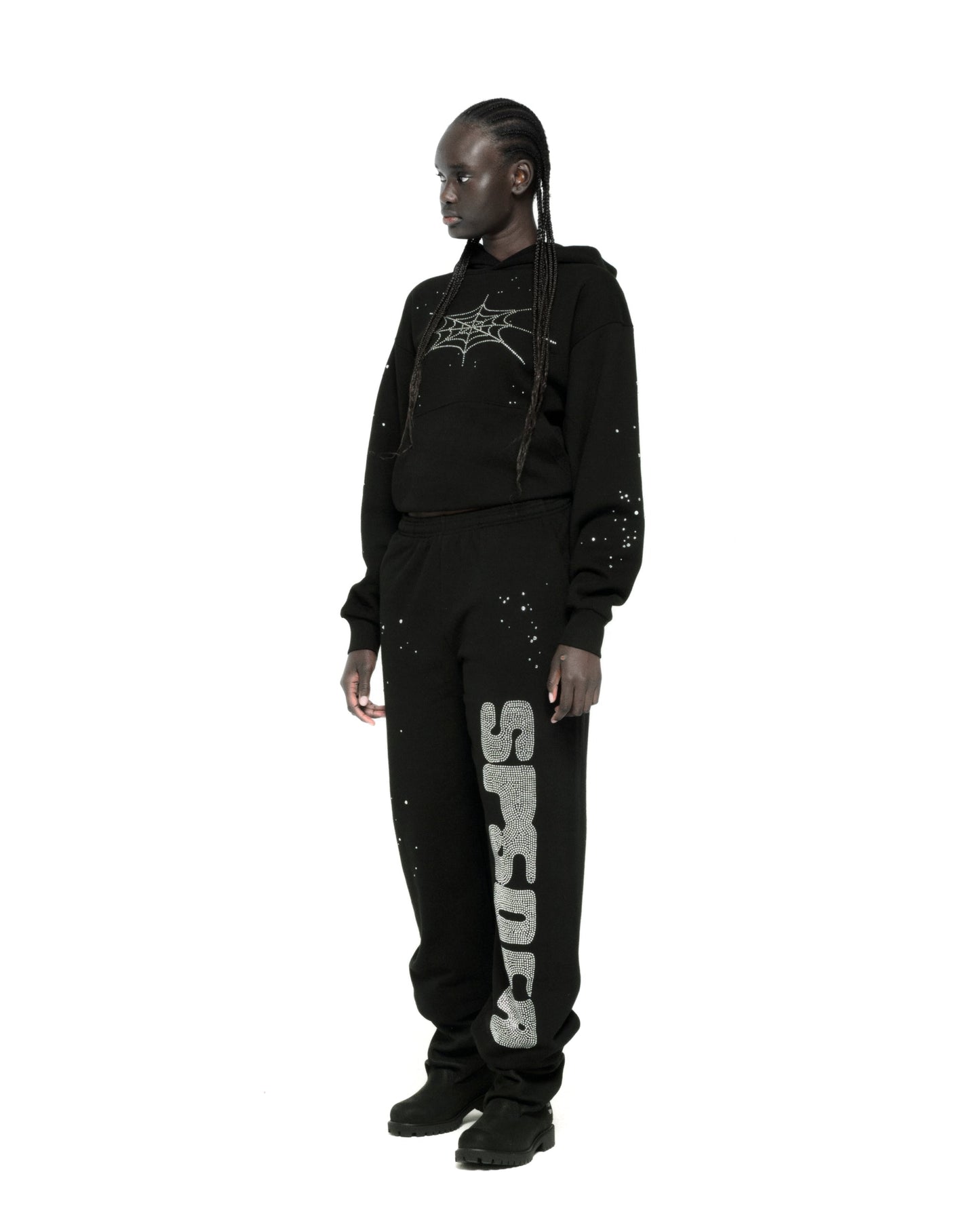 BLACK RHINESTONE SILK HOODIE ON MODEL