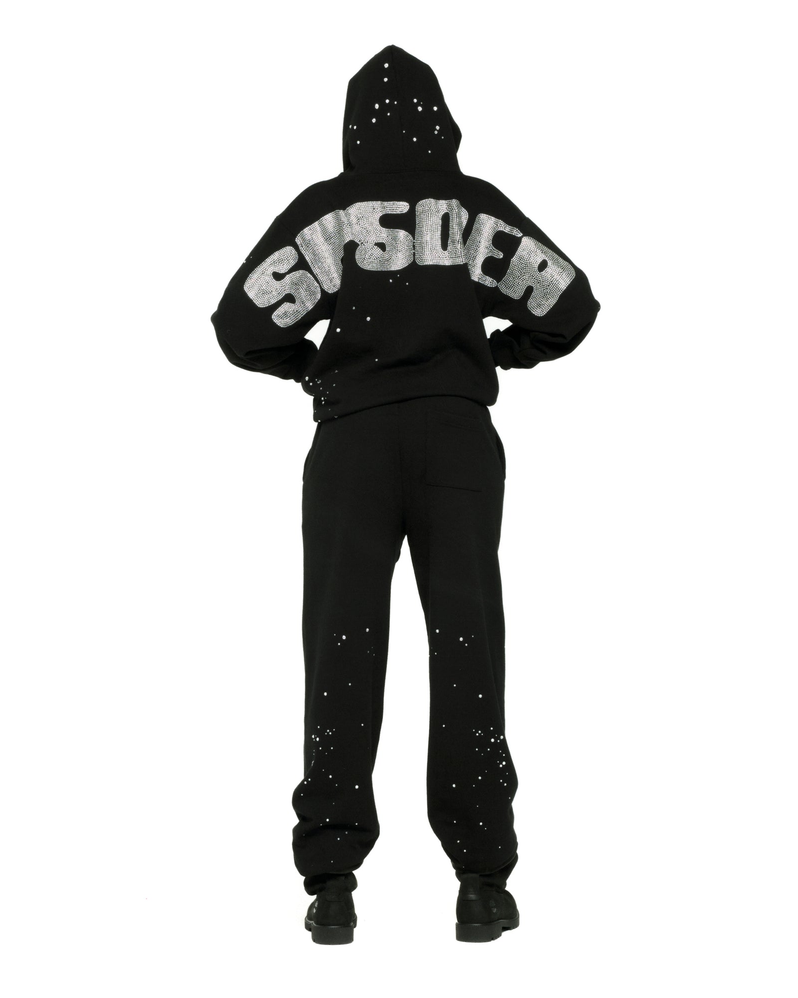 BLACK RHINESTONE SILK HOODIE ON MODEL