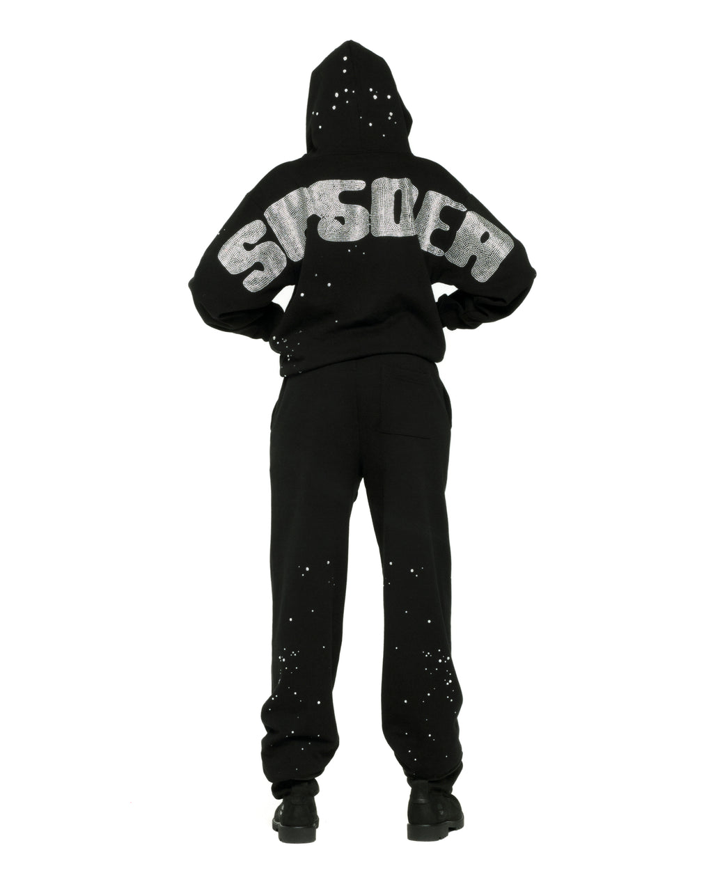 BLACK RHINESTONE SILK HOODIE ON MODEL