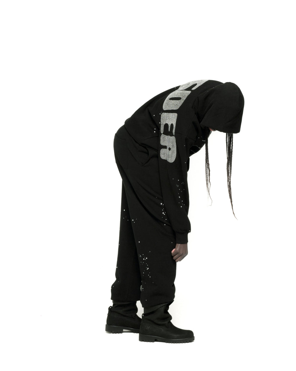 BLACK RHINESTONE SILK HOODIE ON MODEL