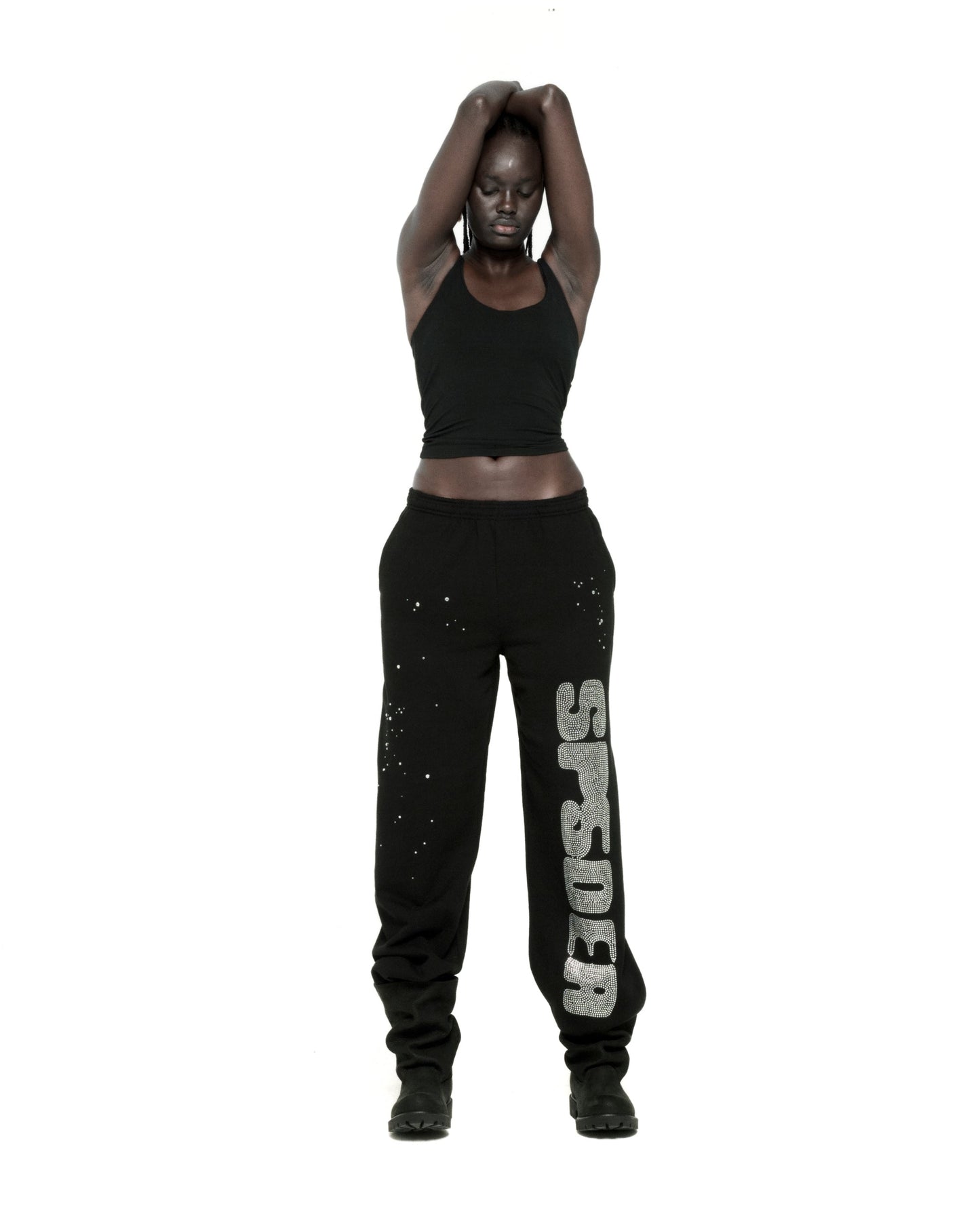 BLACK RHINESTONE SILK SWEATPANT ON MODEL