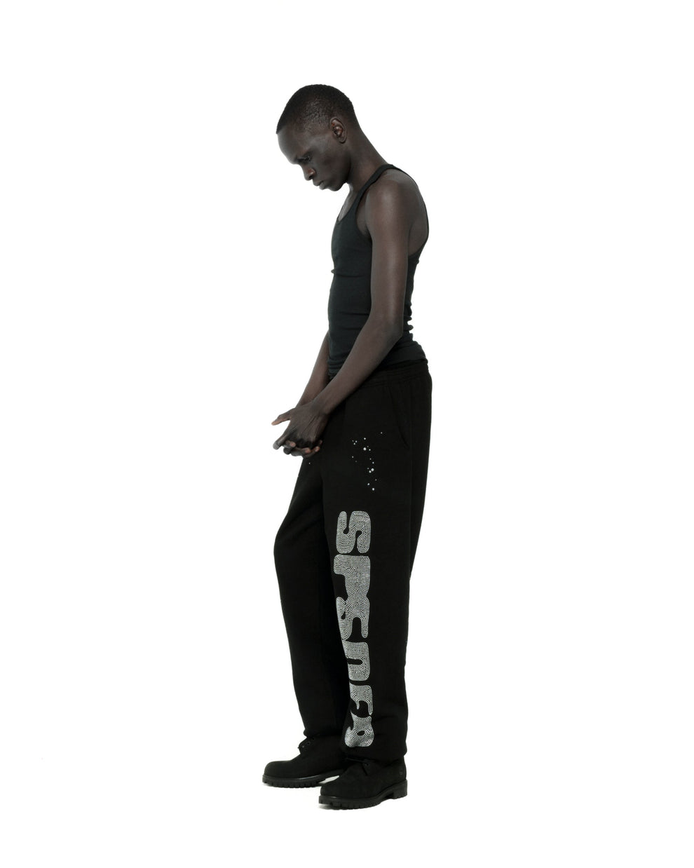 BLACK RHINESTONE SILK SWEATPANT ON MODEL