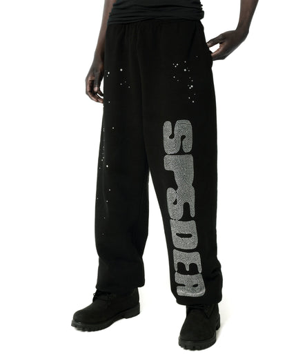 BLACK RHINESTONE SILK SWEATPANT ON MODEL