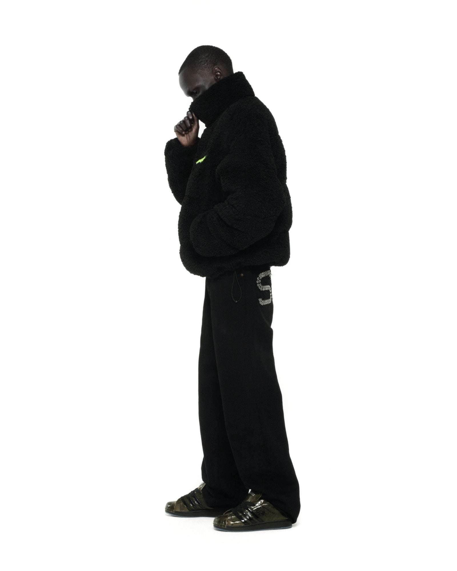 BLACK SHERPA PUFFER JACKET ON MODEL