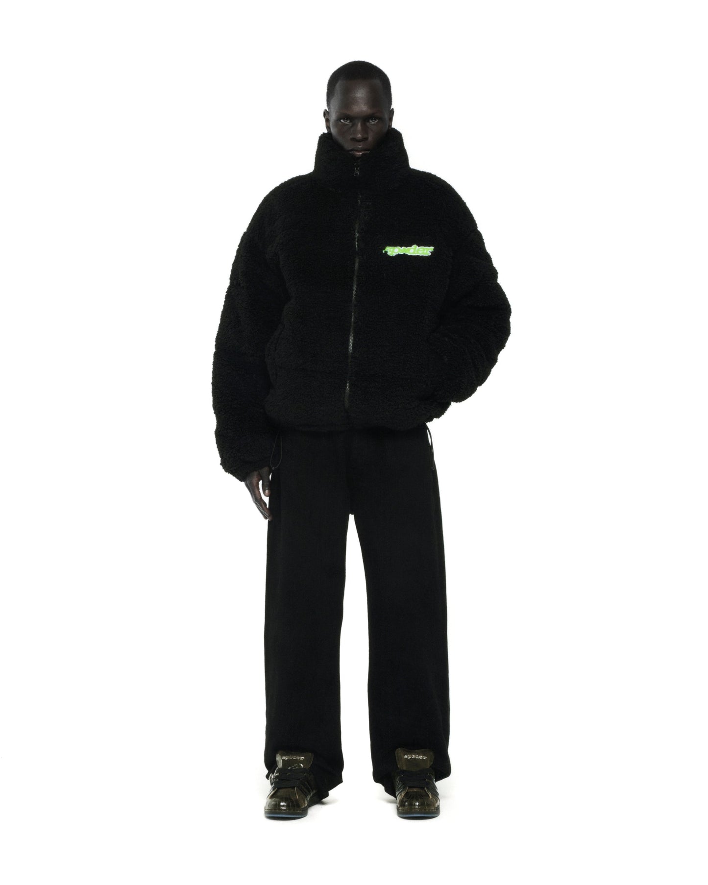 BLACK SHERPA PUFFER JACKET ON MODEL