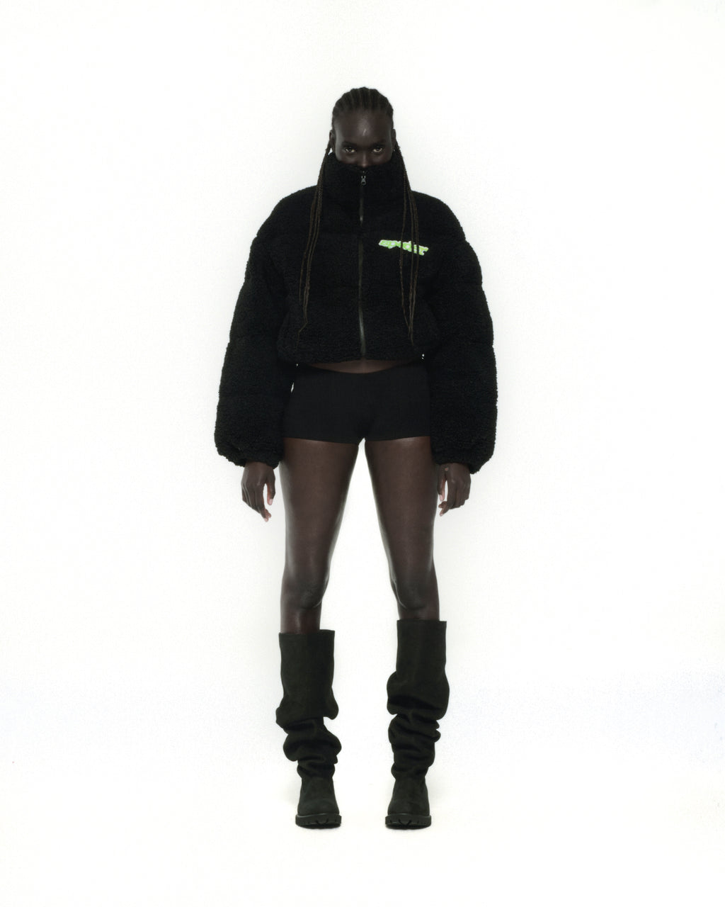 BLACK SHERPA PUFFER JACKET ON MODEL