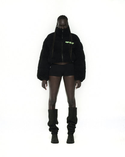 BLACK SHERPA PUFFER JACKET ON MODEL