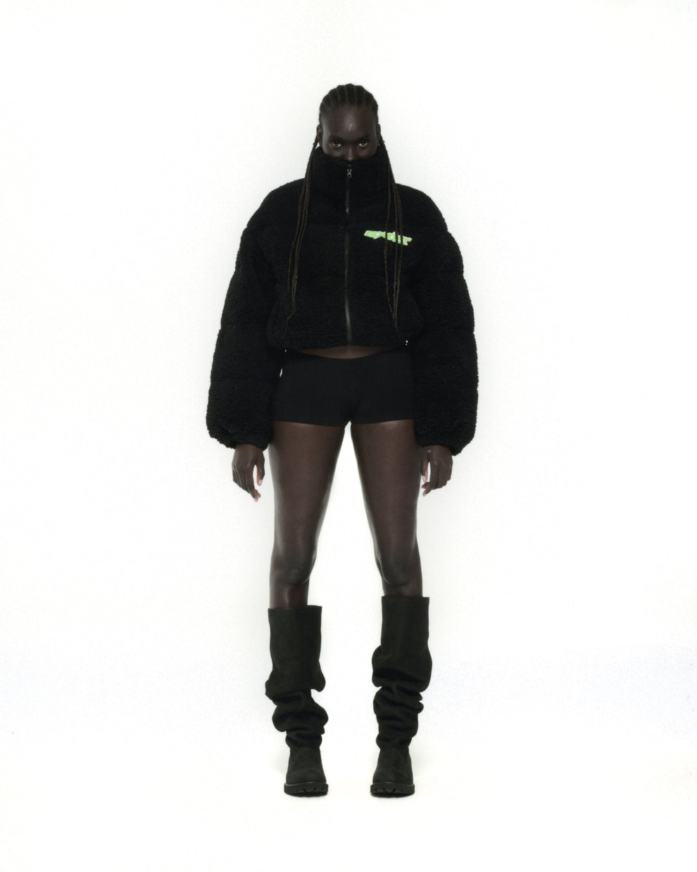 BLACK SHERPA PUFFER JACKET ON MODEL