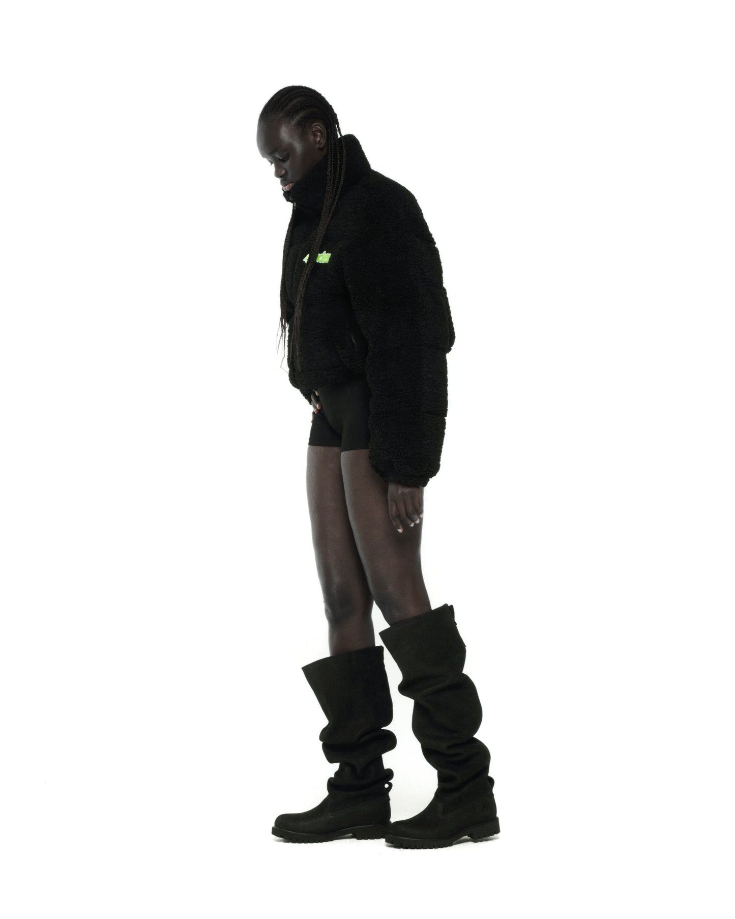 BLACK SHERPA PUFFER JACKET ON MODEL