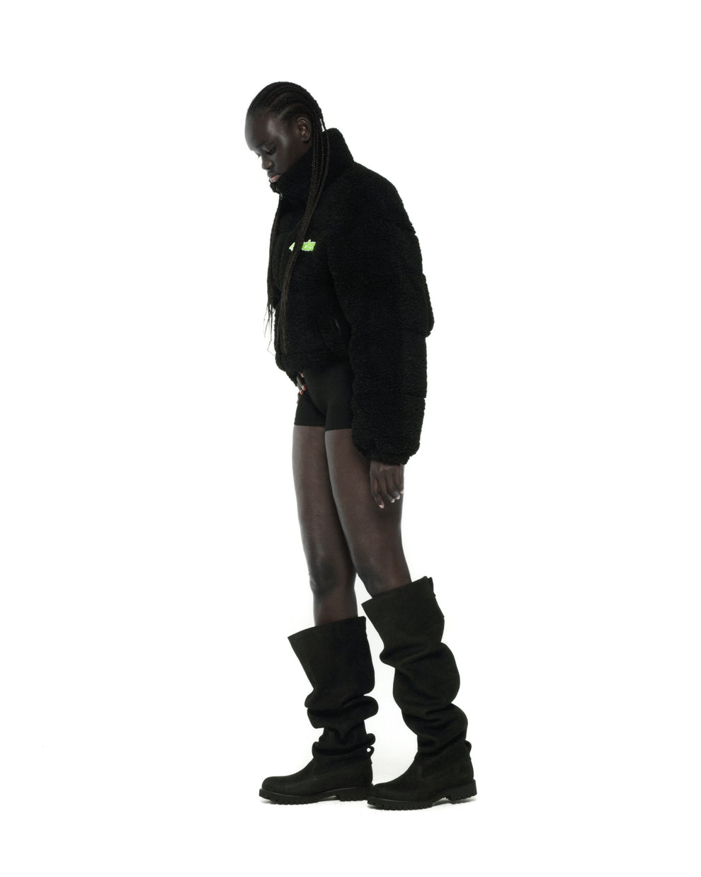 BLACK SHERPA PUFFER JACKET ON MODEL