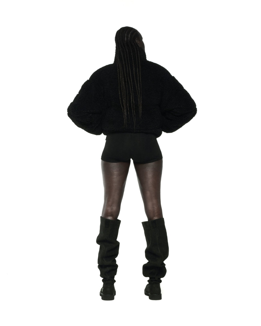 BLACK SHERPA PUFFER JACKET ON MODEL