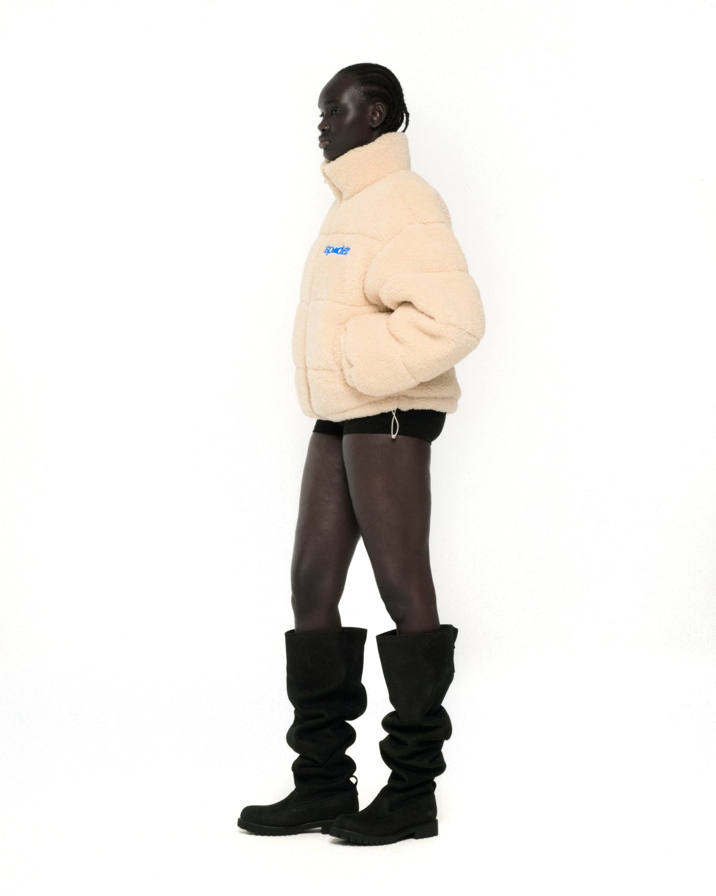 CREAM SHERPA PUFFER JACKET ON MODEL