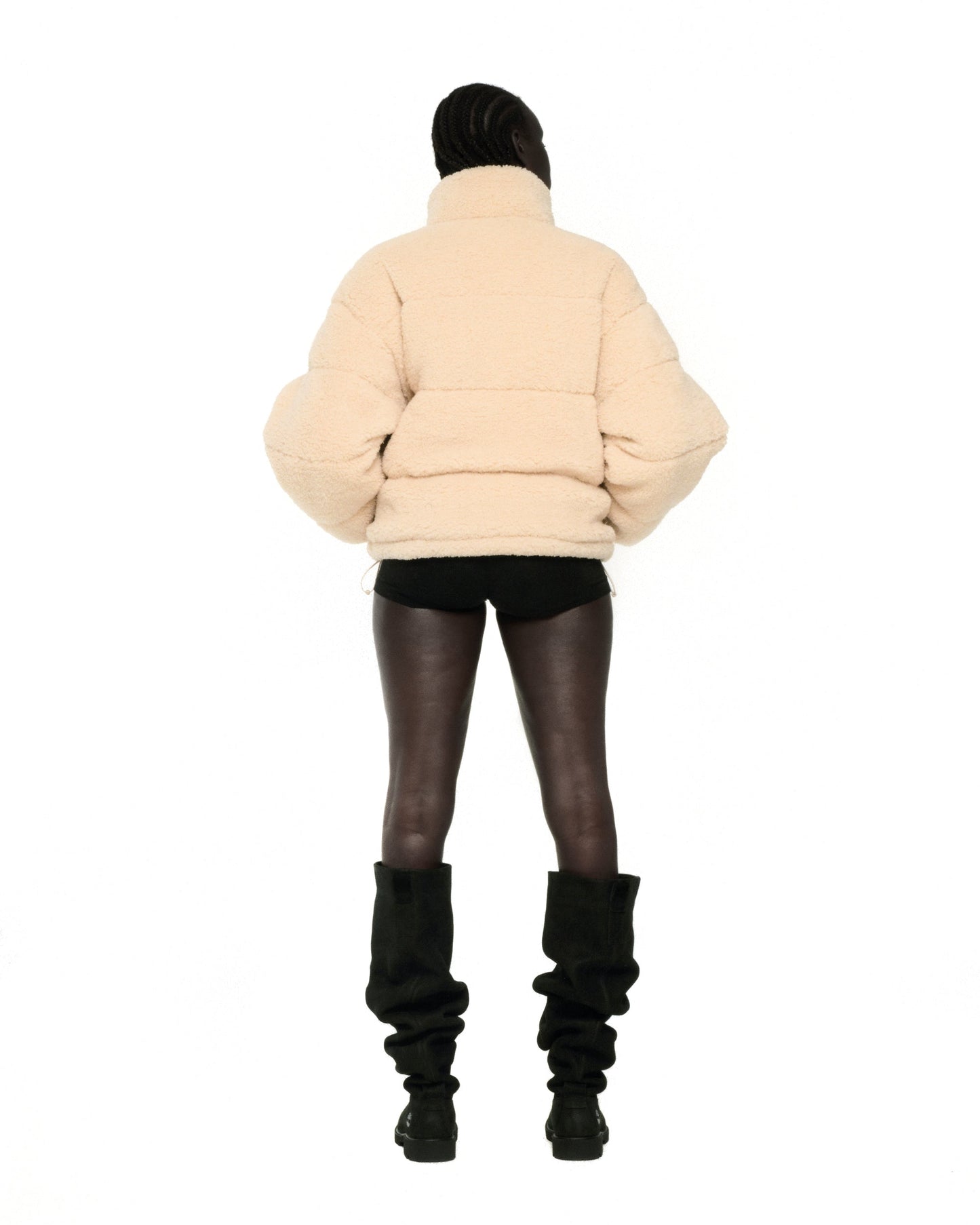CREAM SHERPA PUFFER JACKET ON MODEL