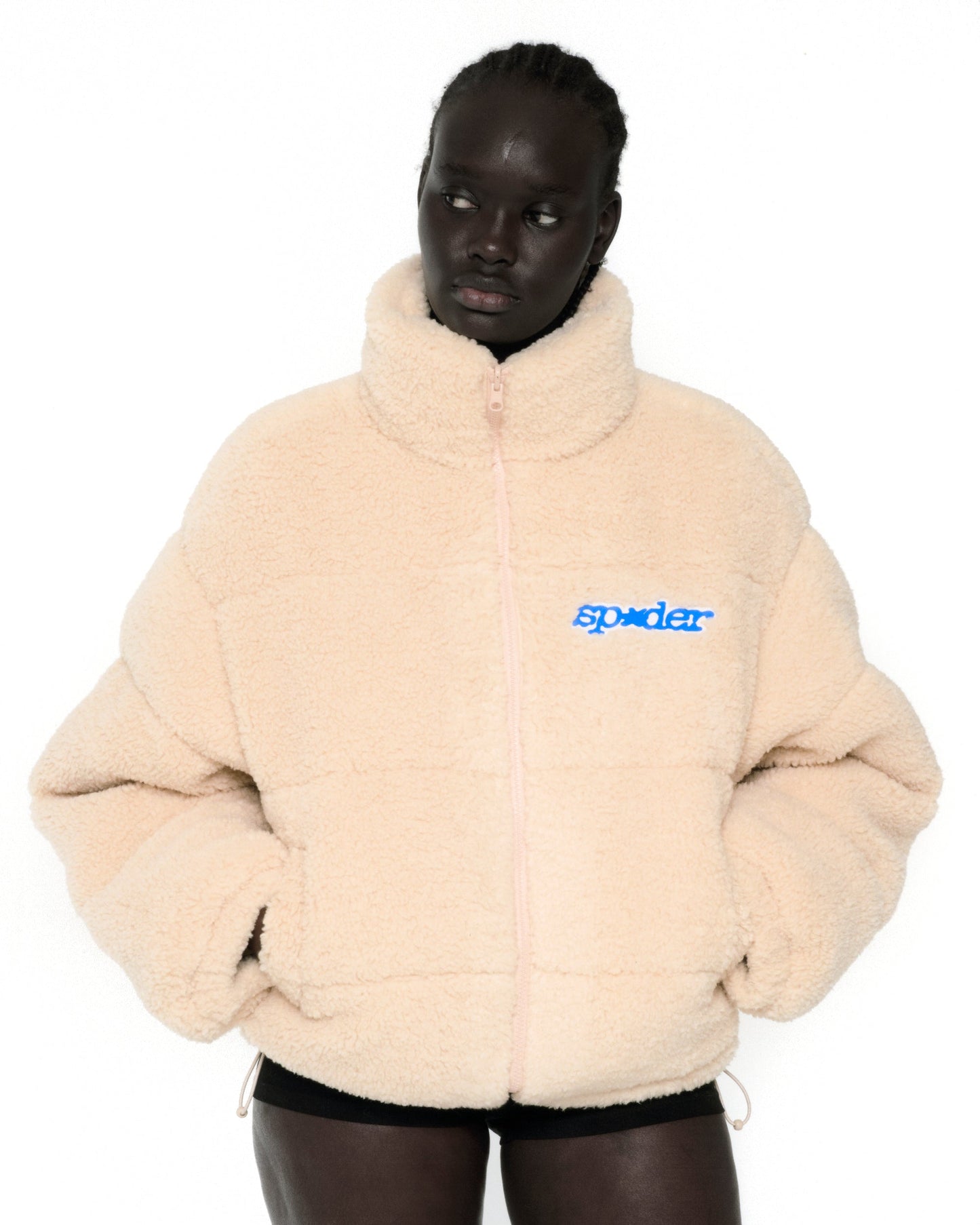 CREAM SHERPA PUFFER JACKET ON MODEL