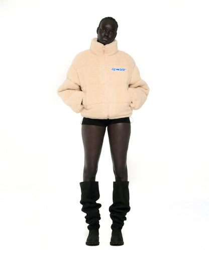 CREAM SHERPA PUFFER JACKET ON MODEL