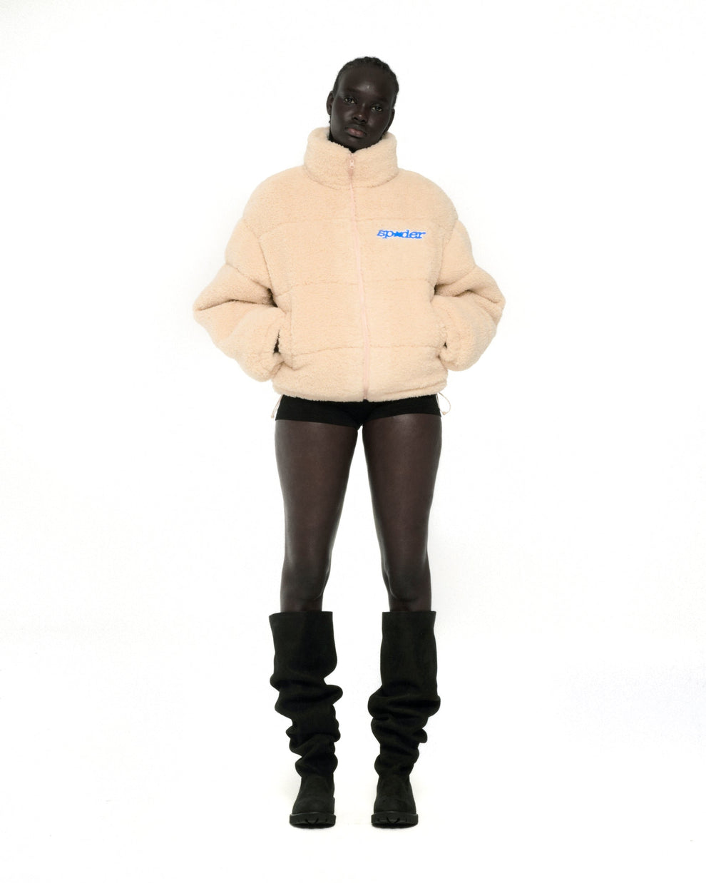 CREAM SHERPA PUFFER JACKET ON MODEL