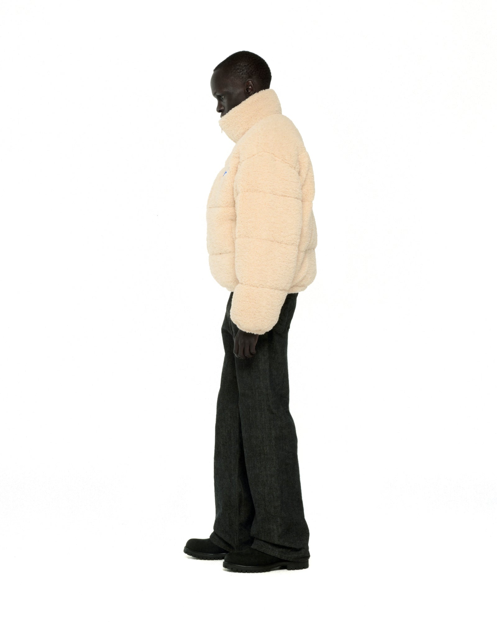 CREAM SHERPA PUFFER JACKET ON MODEL