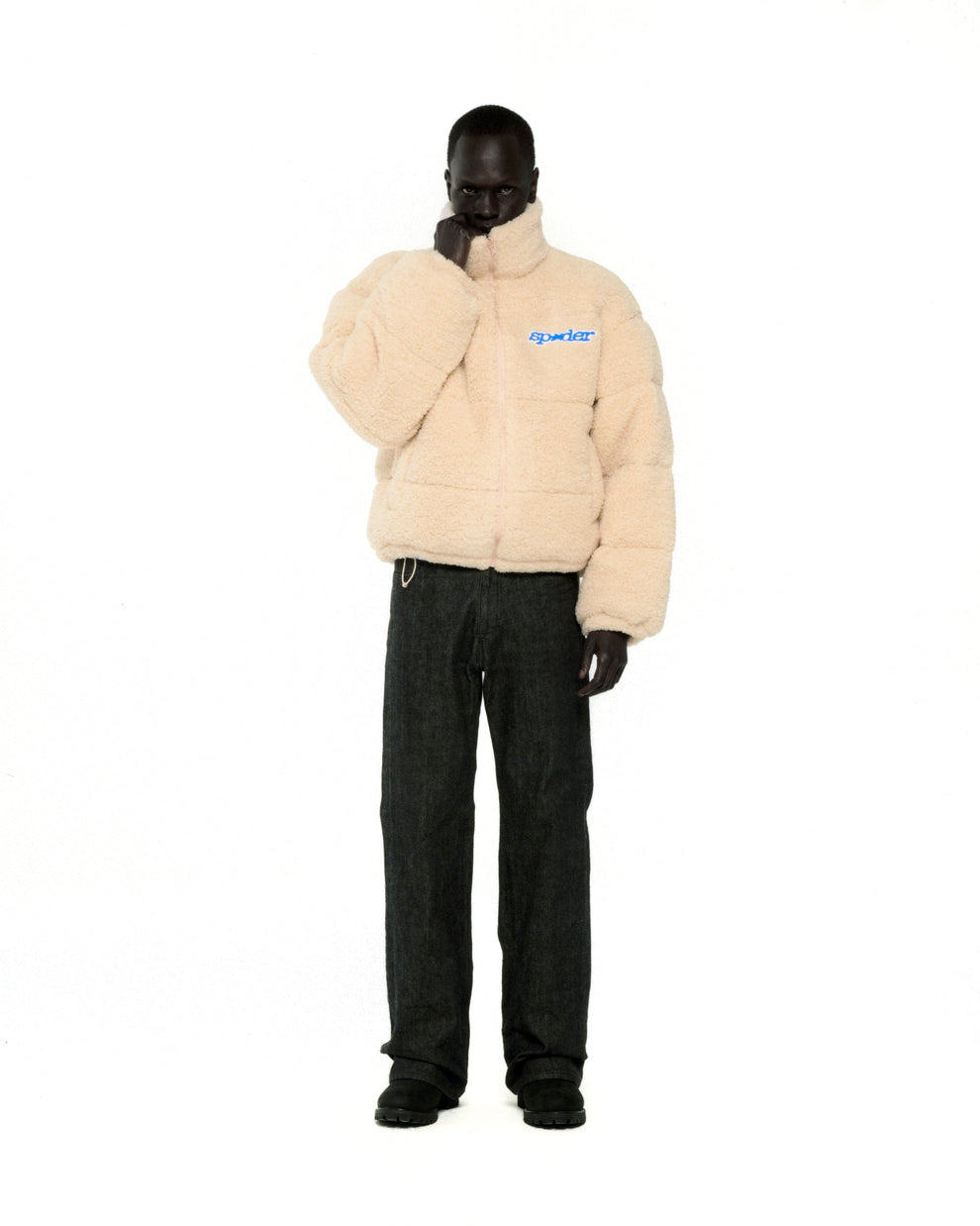 CREAM SHERPA PUFFER JACKET ON MODEL