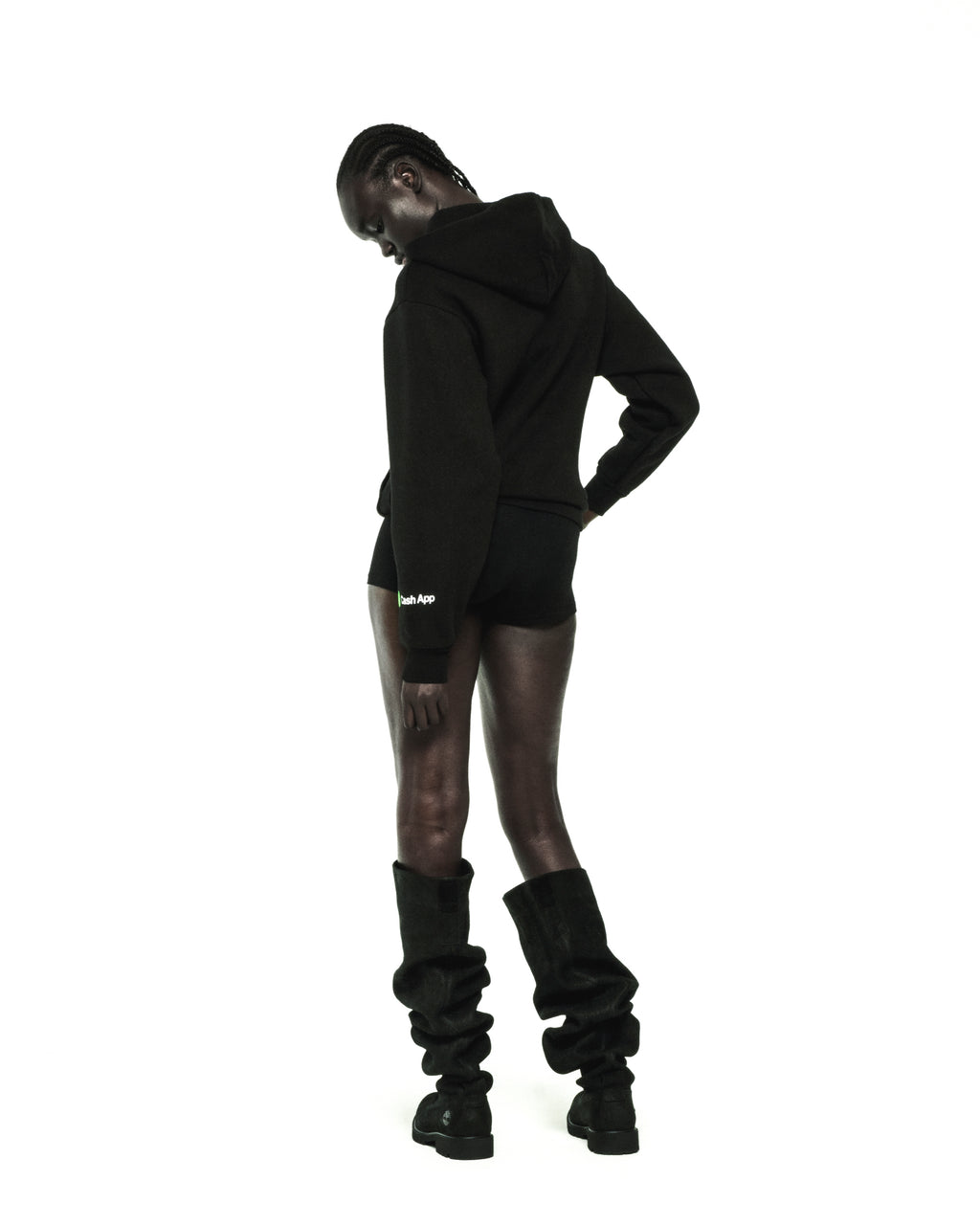 Black cotton fleece zip hoodie with green Cash App logo on wrist.