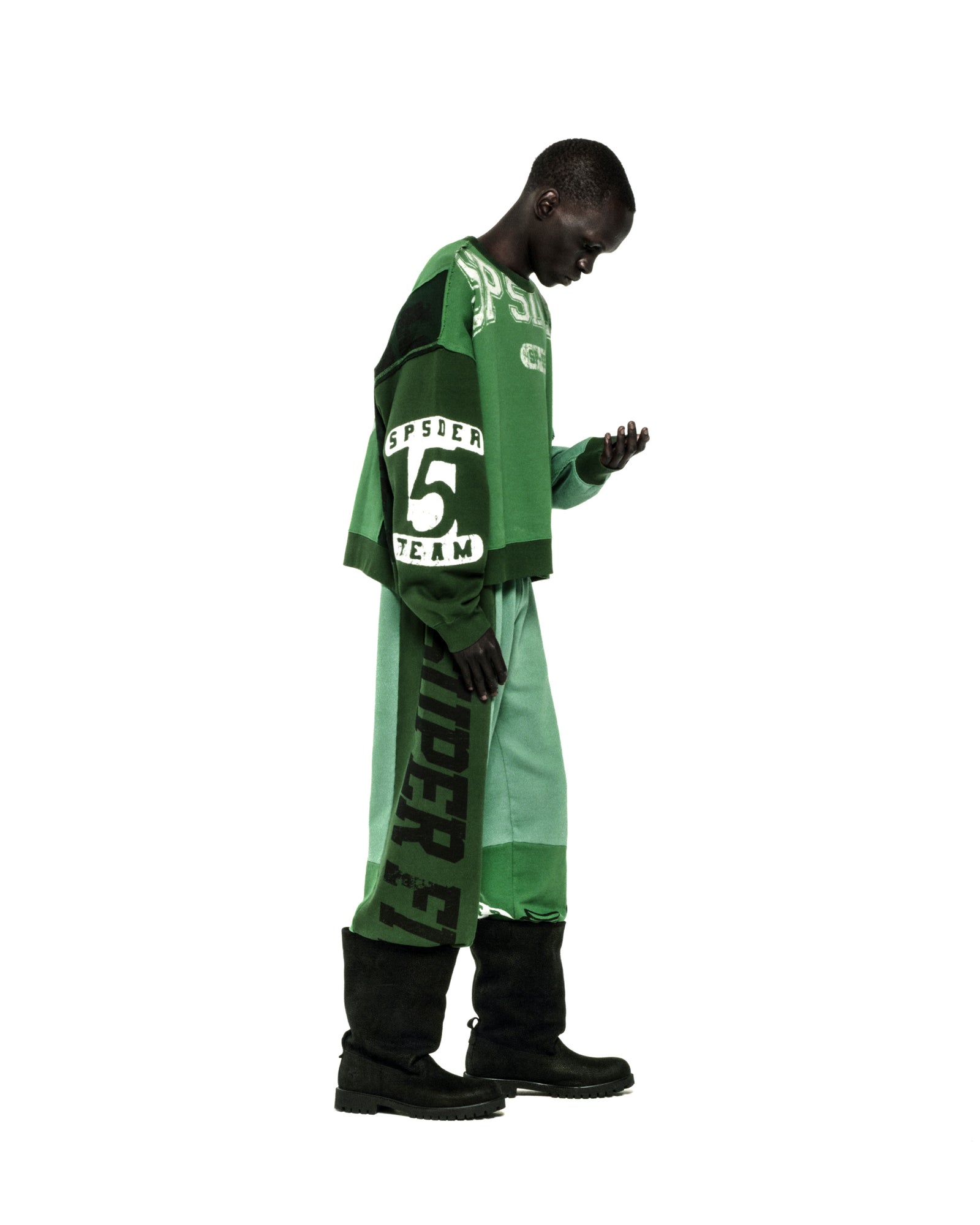 SUPERFIVE CREWNECK, green color block 13oz cotton fleece with graphic print logos.