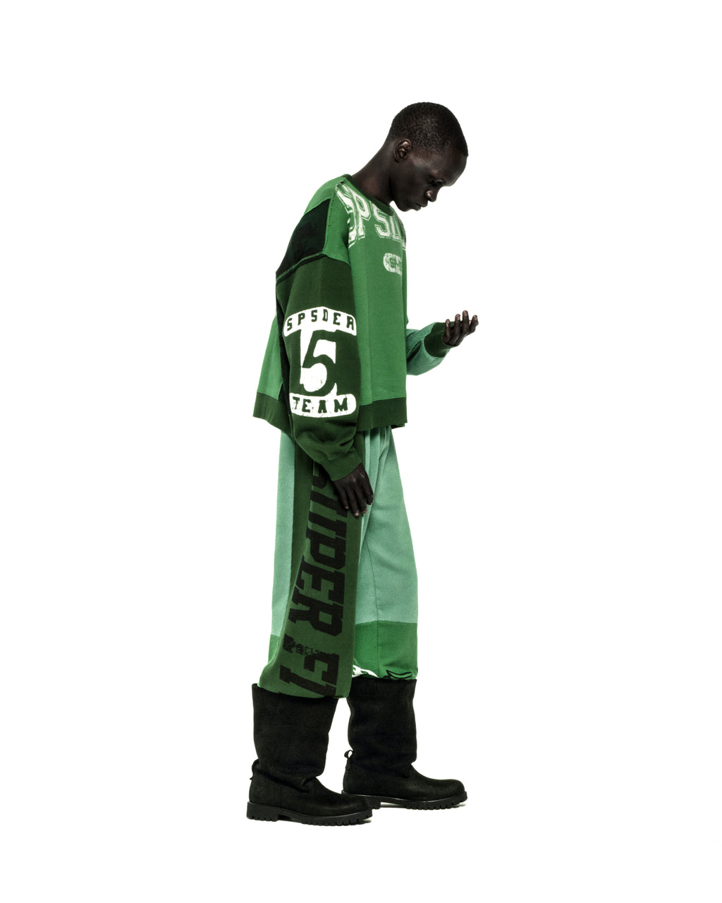 SUPERFIVE CREWNECK, green color block 13oz cotton fleece with graphic print logos.