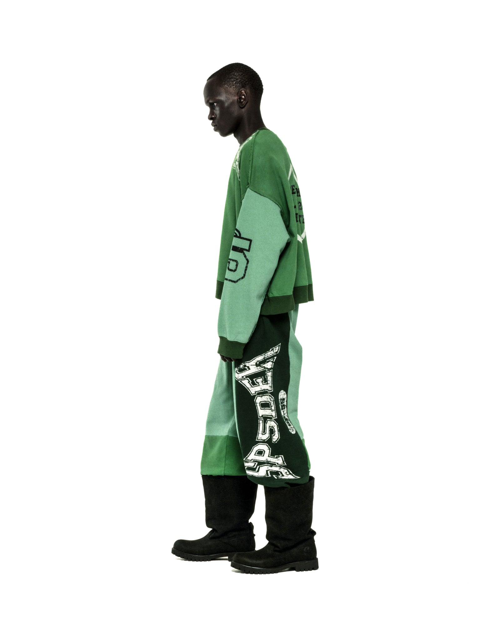 SUPERFIVE CREWNECK: Green color block 13oz cotton fleece crewneck with graphic logos.