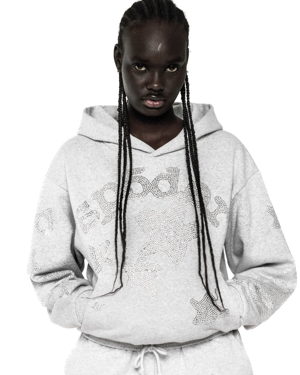 Light grey RHINESTONE BELUGA HOODIE with 'SP5DER' and star design, kangaroo pocket, rib knit hem and cuffs.