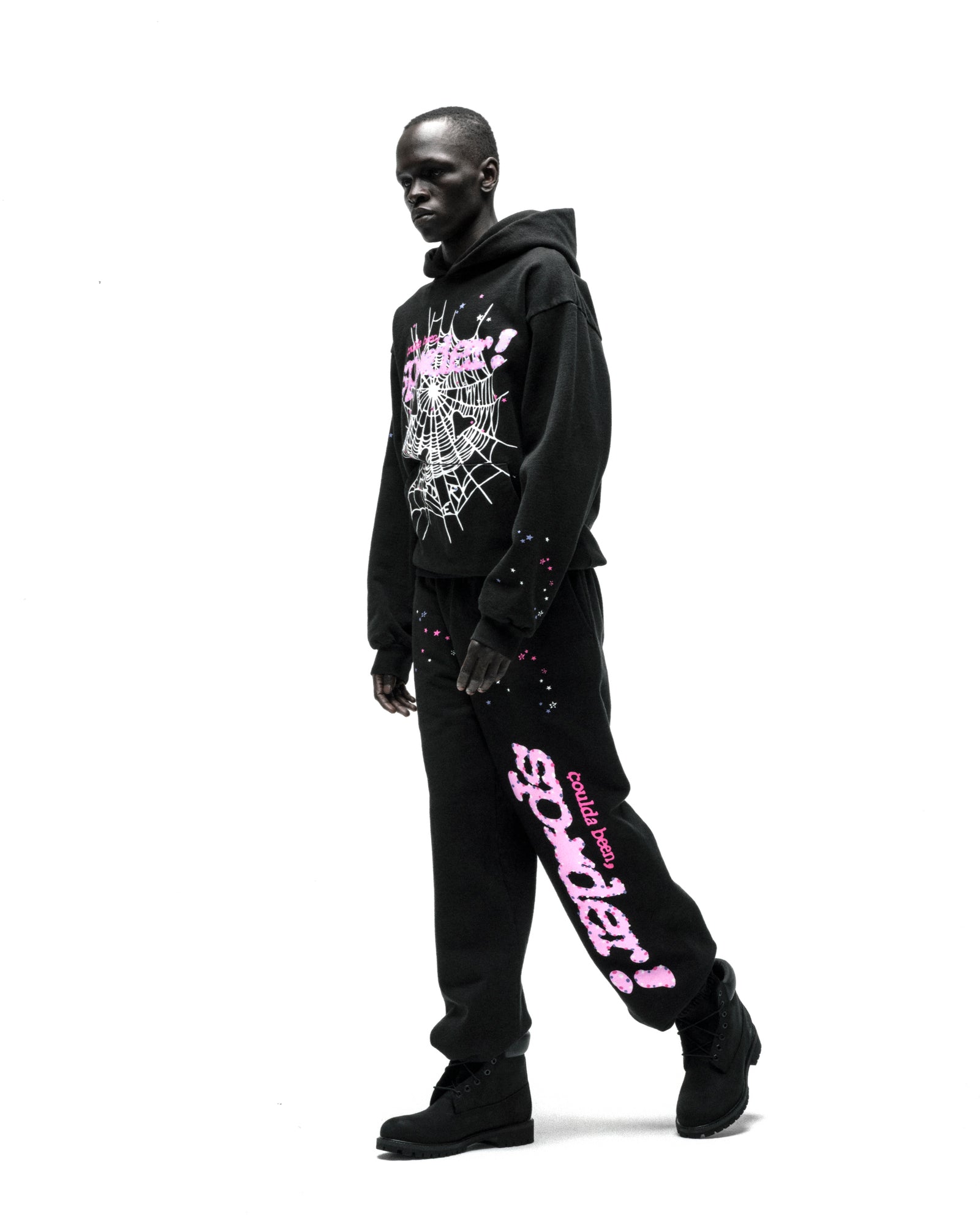 Black CB PUNK V2 Hoodie and sweatpants with pink spider web, text, and scattered star prints.