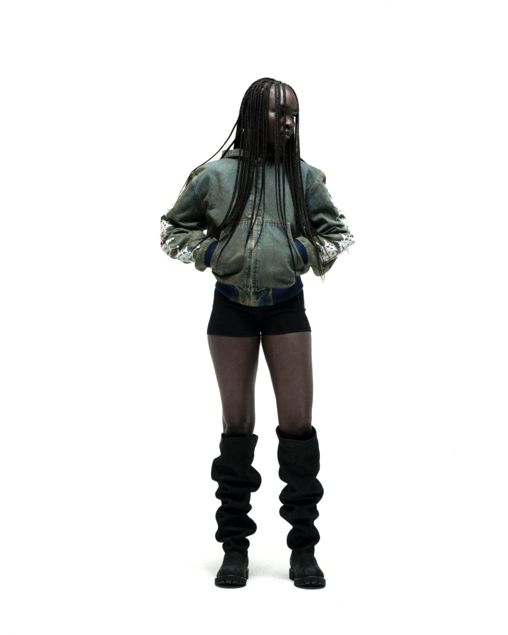 Faded denim hooded jacket with web print and rhinestones on sleeves, zip closure, patch pockets, rib-knit hem.