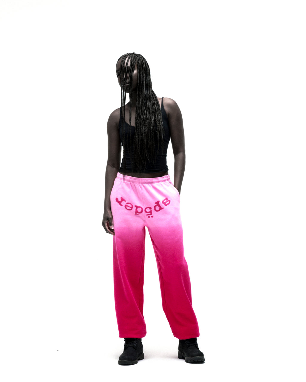OG WEB OMBRE SWEATPANT: Pink ombre cotton fleece sweatpants with "SP5DER" text, elasticized waistband and cuffs.