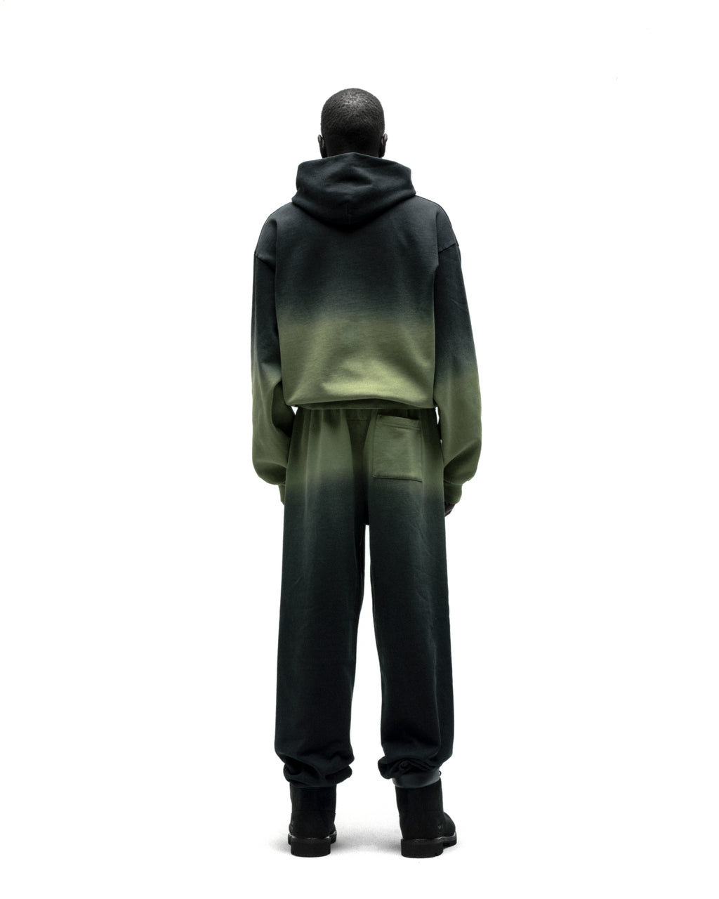 OG WEB OMBRE HOODIE and sweatpants set, 100% cotton fleece, black to lime green ombre, seen from behind.