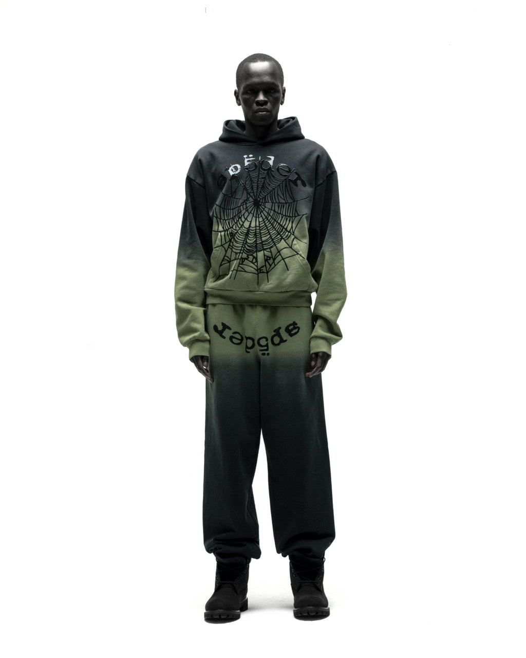 OG WEB OMBRE HOODIE and sweatpants set. Dark green to light green ombre 100% cotton fleece with black spiderweb and "OG WEB" puff print.