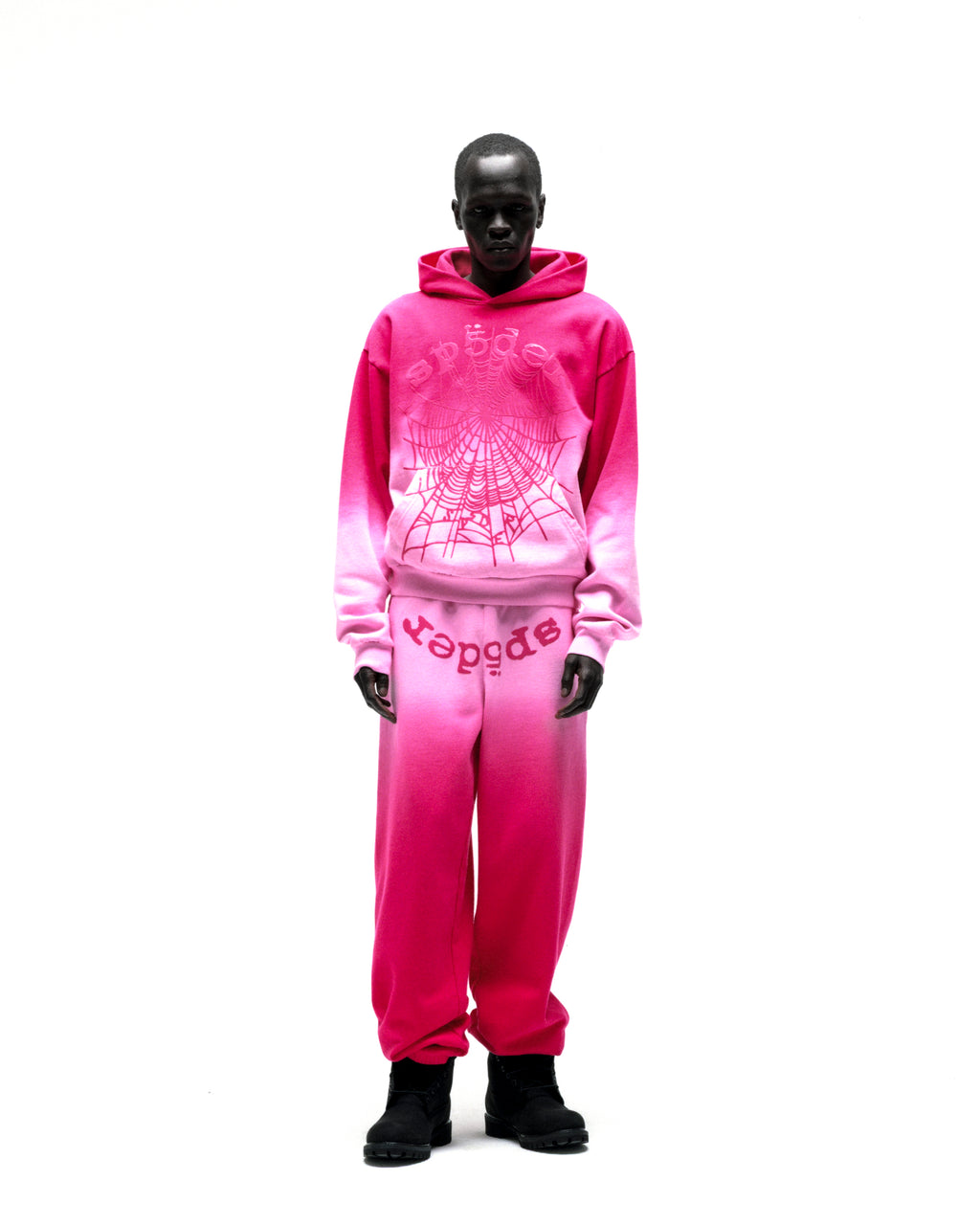 Pink ombre hoodie and sweatpants set with OG web print and kangaroo pocket.