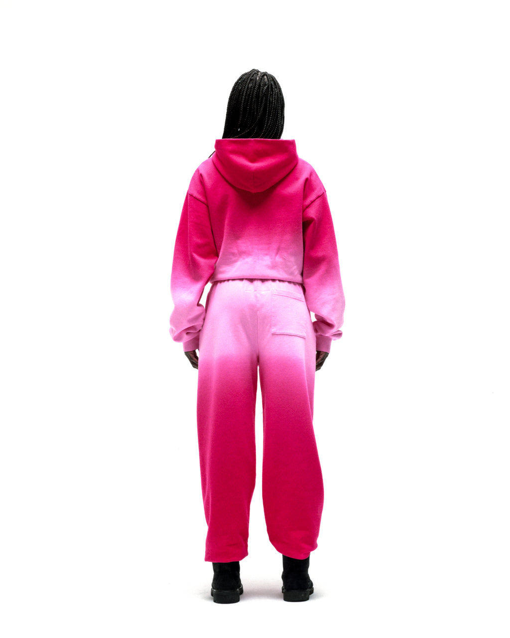 OG WEB Ombre Hoodie and sweatpants in vibrant pink 100% cotton fleece, seen from the back.