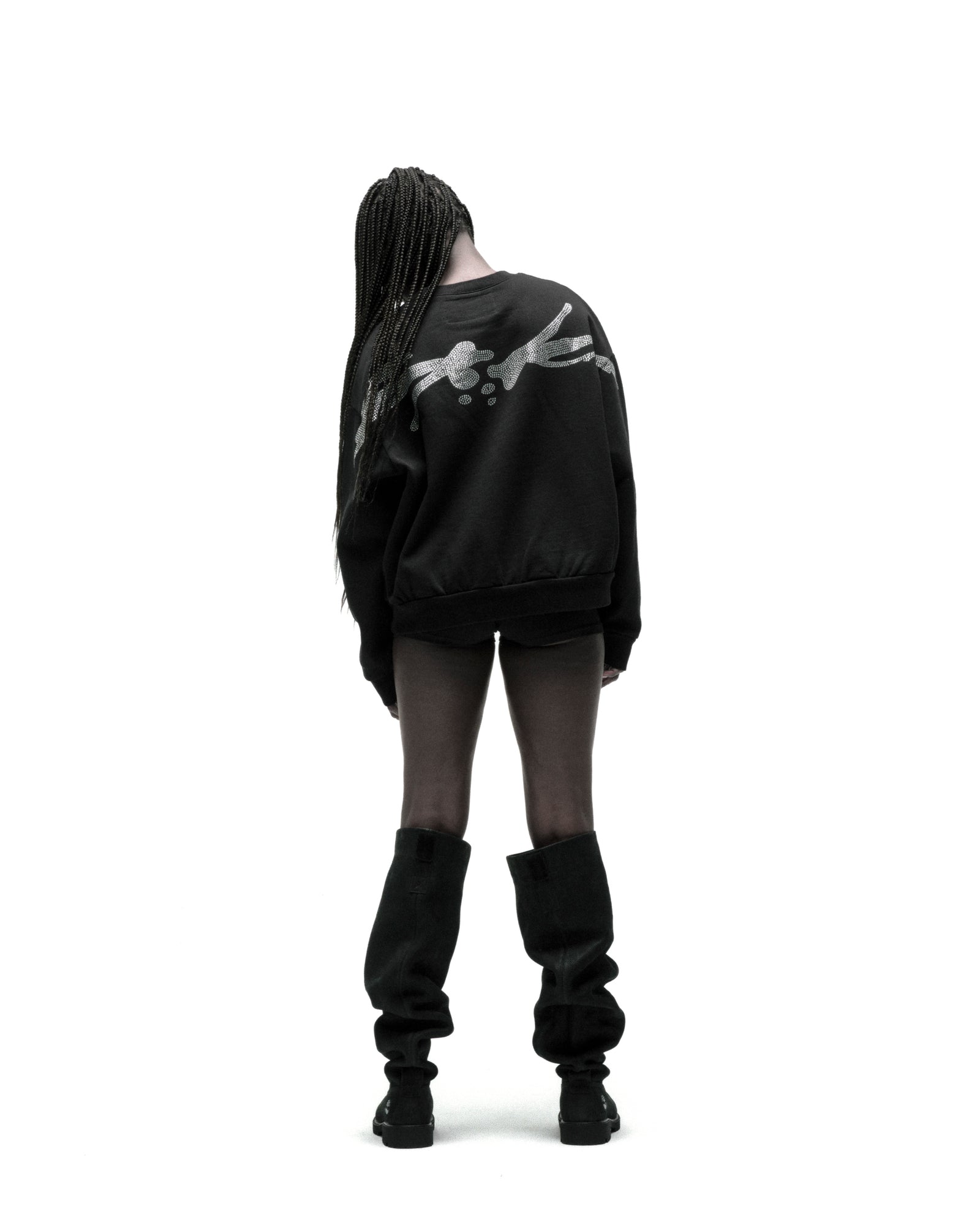 Black RHINESTONE TM CREWNECK, 100% cotton brushed fleece, with rhinestone graphic on back.